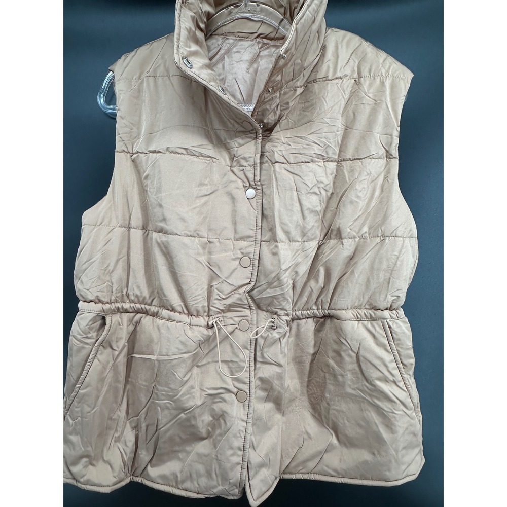 Womens Puffer Vest Stand Collar Button Down Padded Jacket with Drawstring Waist - Picture 3 of 4